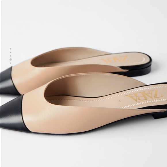 NWT ZARA Leather Mules Beige Black - Picture 4 of 9